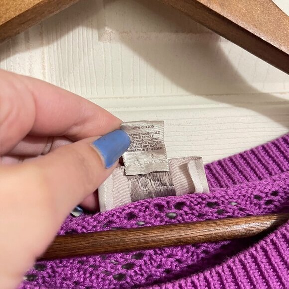 Ann Taylor LOFT Womens Purple 3/4 Sleeve Perforated Open Knit Sweater Large - Picture 4 of 5